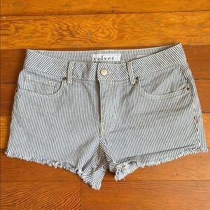 Velvet Blue and White Striped Jean Shorts with Frayed Hem